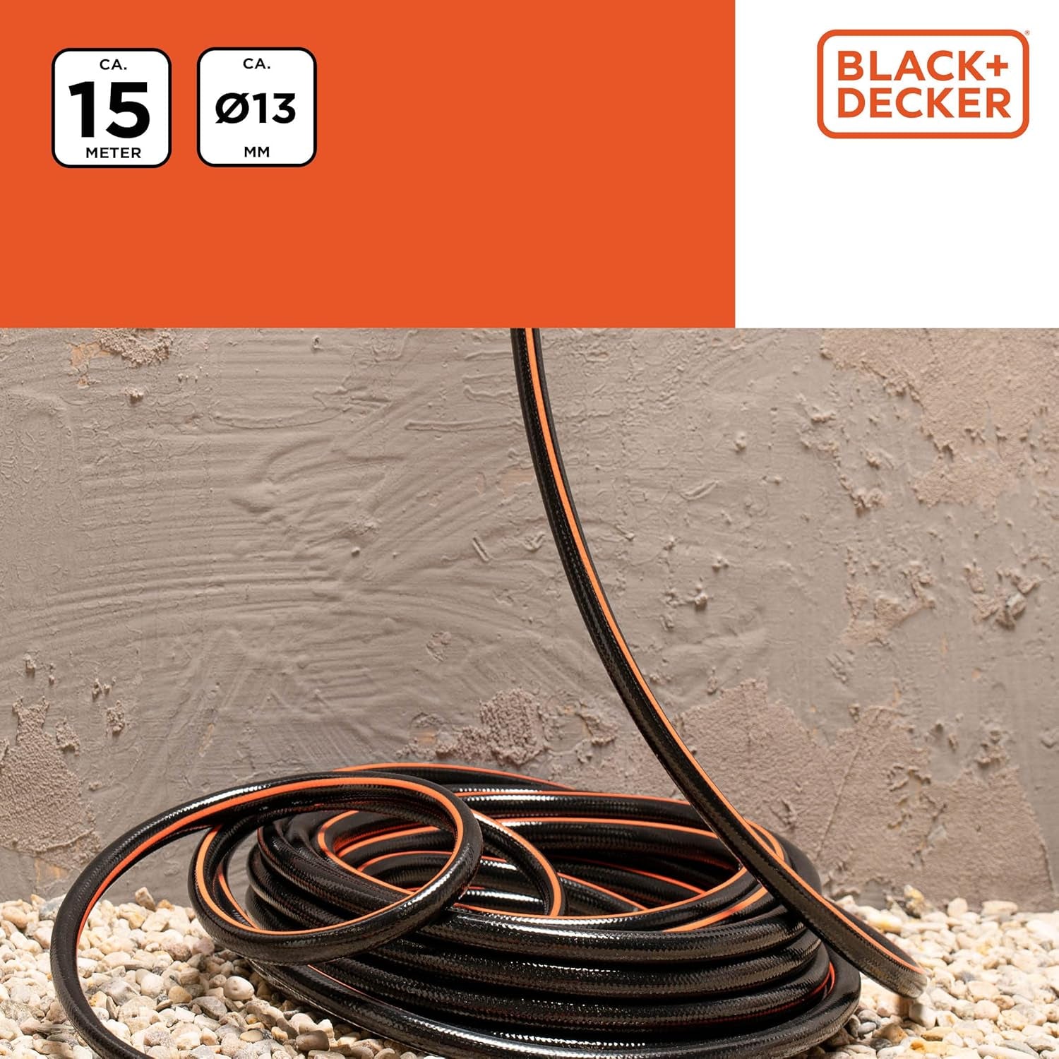BLACK+DECKER Tubo da Giardino 15 metri - Ø13MM - PVC resistente - Irrigazione del giardino, lavaggio dell'auto, riempimento della piscina - Compatibile con qualsiasi rubinetto standard - Nero/Arancione