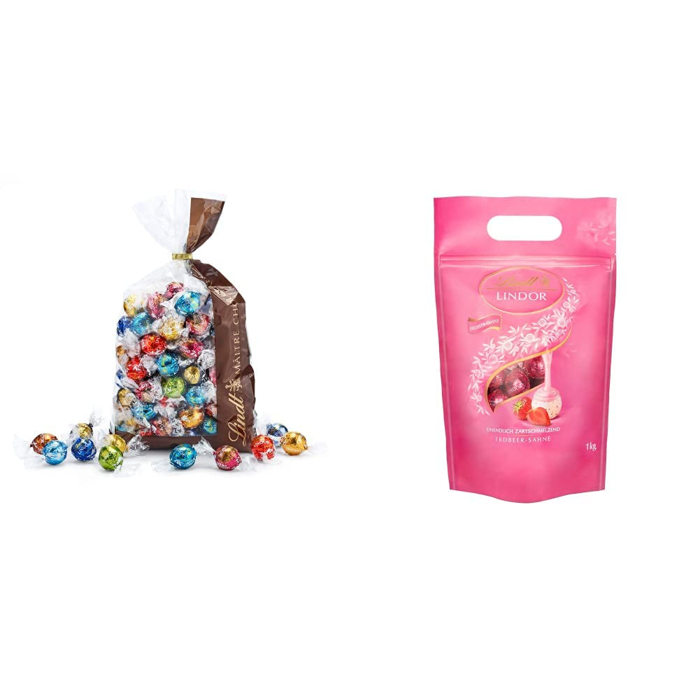 Preparato al cioccolato LINDOR | 1371 gr | ca. 109 palline: Cioccolato al latte e palline LINDOR con crema alla fragola | sacco da 1 kg, ca. 80 palline di cioccolato bianco con crema alla fragola