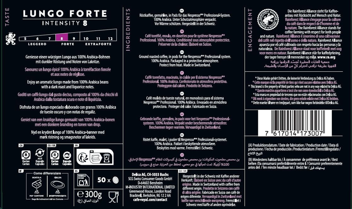 Café Royal Professional Tamponi, Lungo Forte, 50 tamponi compatibili Nespresso (R) Professional per ufficio e gastronomia, Rainforest Alliance zertifiziert, 100 centesimi di Arabica Kaffee, intensità 8