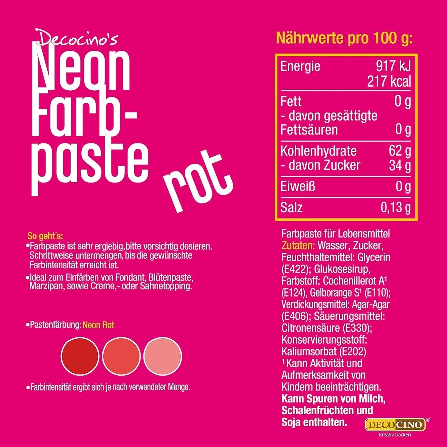 Decocino Neon Pasta Alimentare Rosso - Colorante alimentare ad alto dosaggio - Per colorare torte, muffin, cupcakes - Insapore