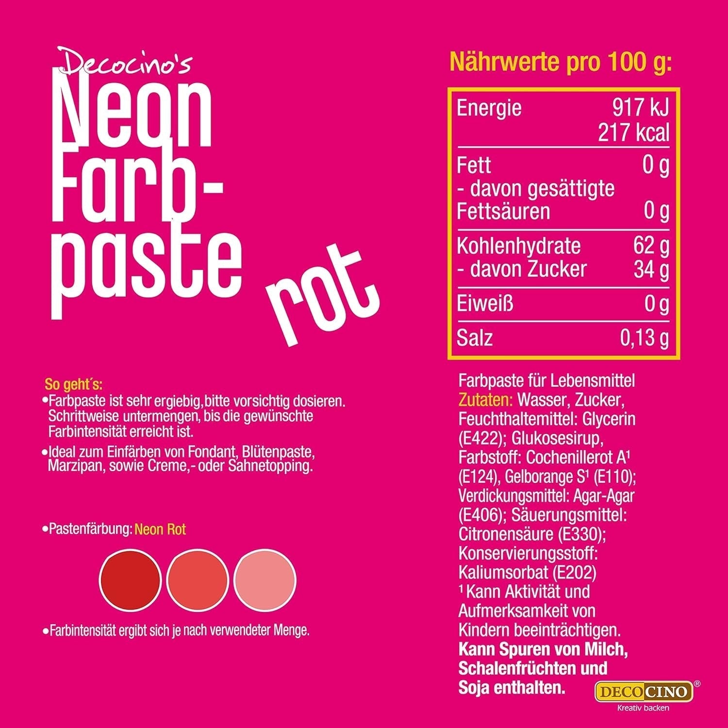 Decocino Neon Pasta Alimentare Rosso - Colorante alimentare ad alto dosaggio - Per colorare torte, muffin, cupcakes - Insapore