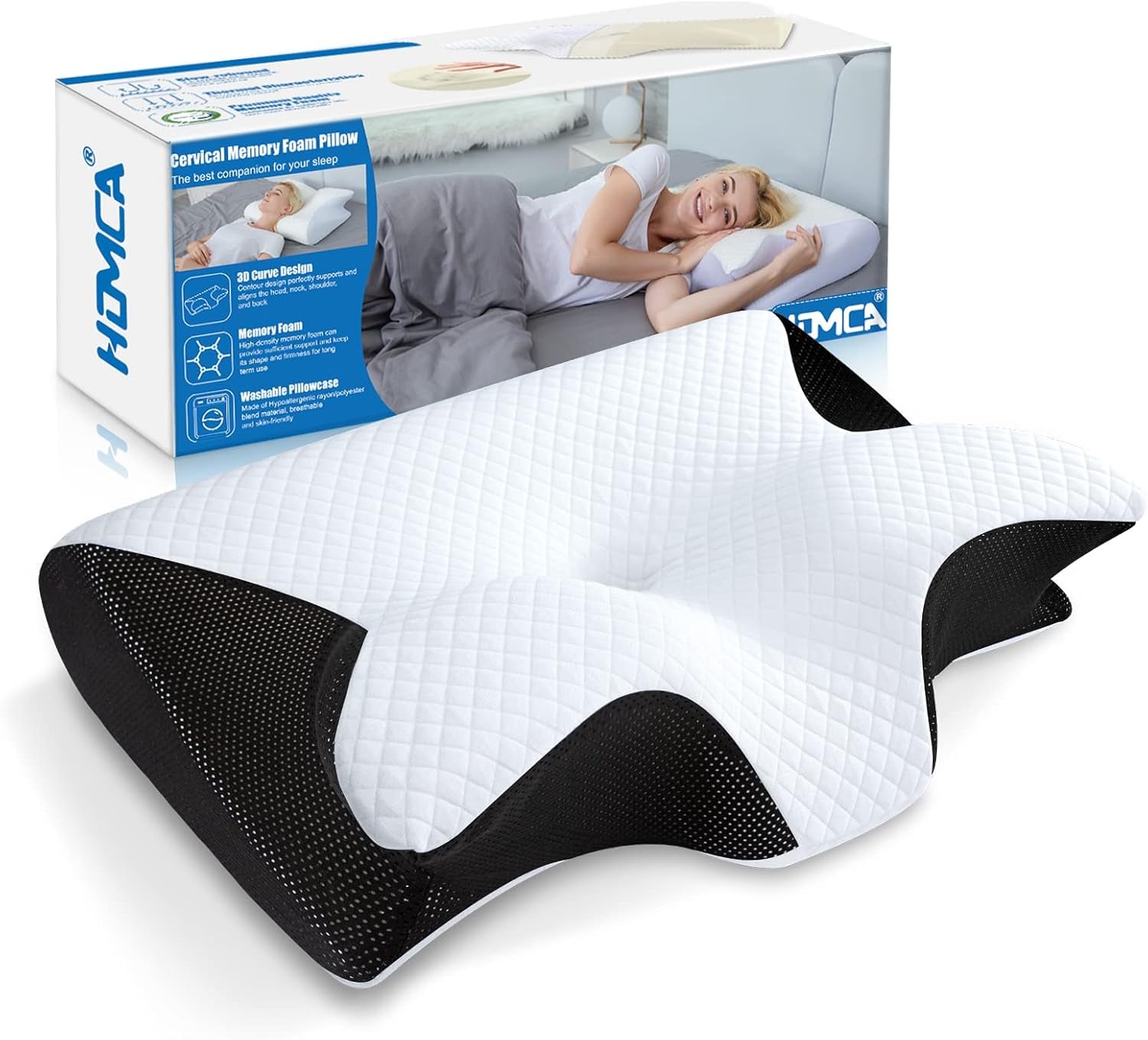 HOMCA Cuscino per Collo Ortopedico Cuscino in Memory Foam 2 in 1 Cuscino per Supporto per Collo Cuscino per Testa ergonomico per Dolori Schiena, Laterali e Addominali 60 X 13/11 X 40 cm Cuscini Ortopedici Cervicali Naty Shop Nero