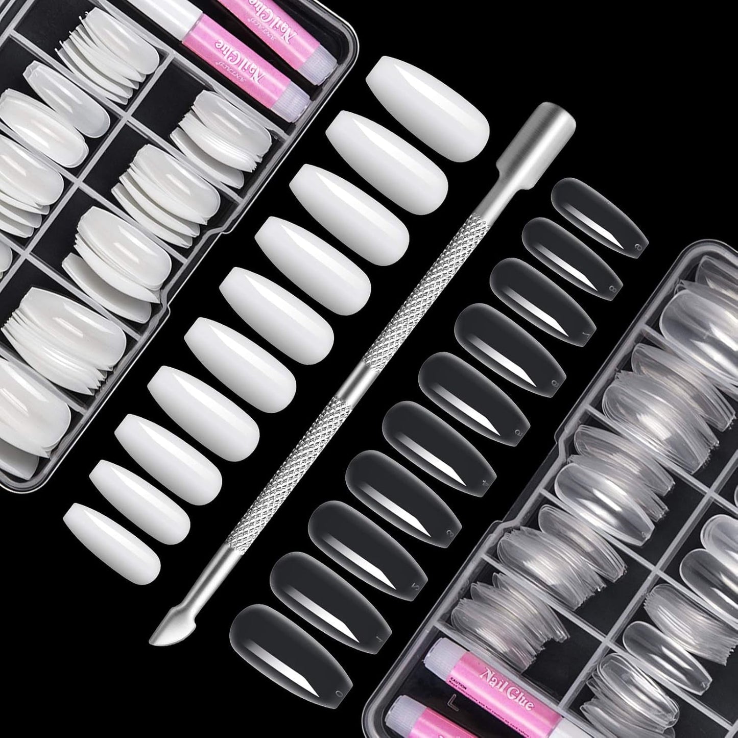 200 punte per unghie finte, 10 misure, unghie artificiali in acrilico con spingipelle e scatola trasparente per donne e ragazze (naturale e trasparente)