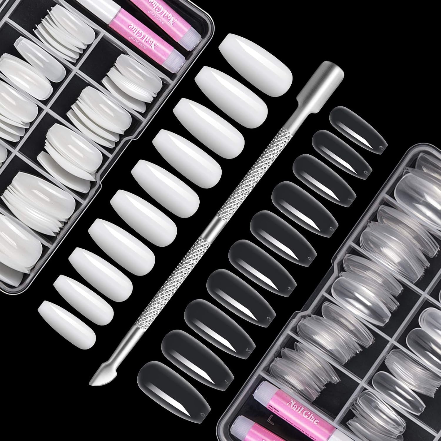 200 punte per unghie finte, 10 misure, unghie artificiali in acrilico con spingipelle e scatola trasparente per donne e ragazze (naturale e trasparente)