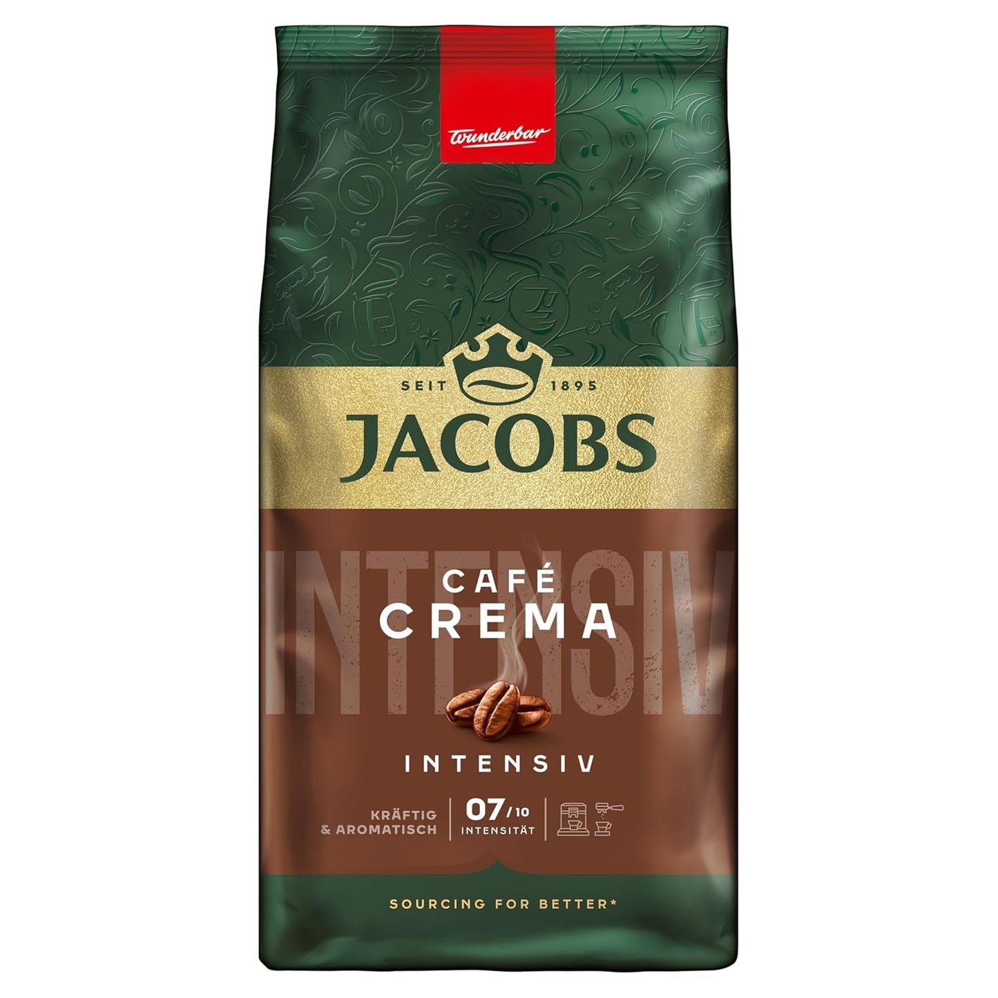Jacobs Kaffeebohnen Café Crema Intense, intensivo con Kakao- & Nussnote, geröstet a Brema, Intensität 7/10, Kaffee ganze Bohnen, 1 kg