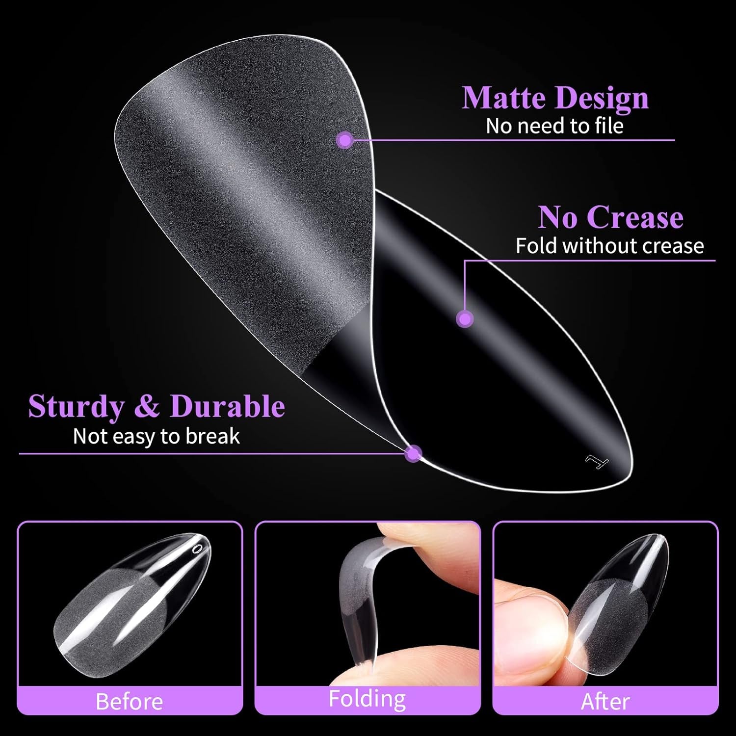 Becellen 500 punte per unghie artificiali, punte per unghie in gel morbido, copertura completa, punte per unghie in gel, unghie artificiali pre-lucidate, set di colla per nail art fai da te (mandorle)