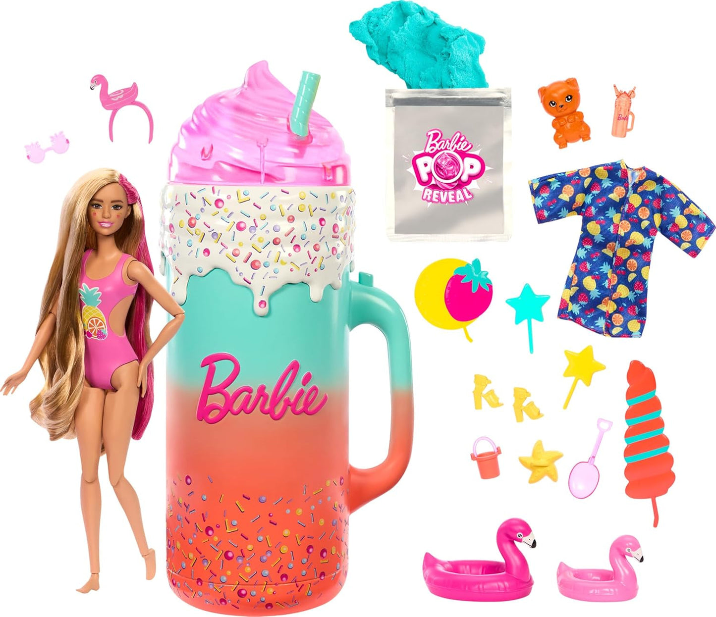 Set regalo BARBIE Pop Reveal Rise & Surprise - 15+ sorprese tra cui 1 bambola Barbie, accessori da spiaggia per un divertimento giocoso e fruttato per bambini dai 3 anni in su, HRK57