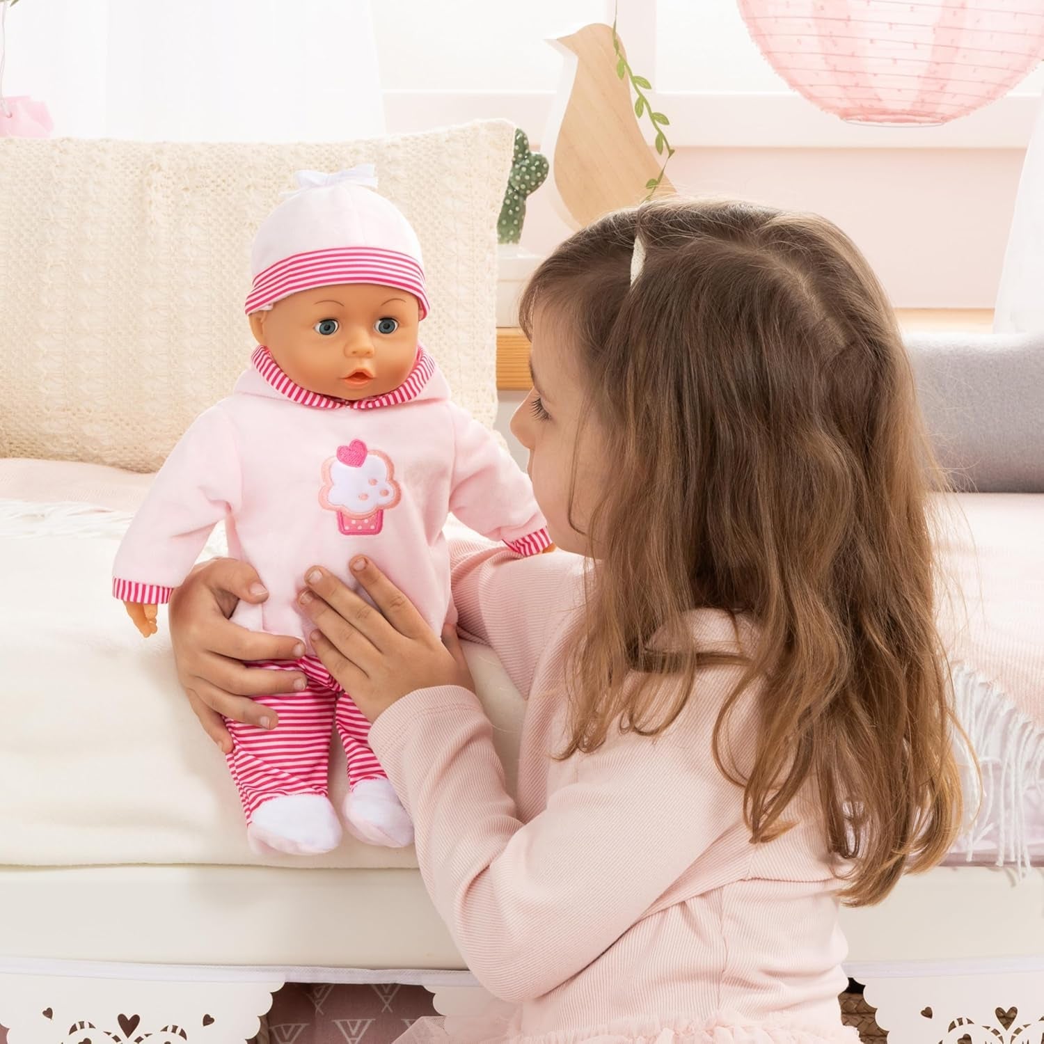 Babypuppe Prime Parole mit Schlafaugen, spricht 24 Babylaute, mit Schnuller und Flasche, 38 cm, Rosa/Streifen