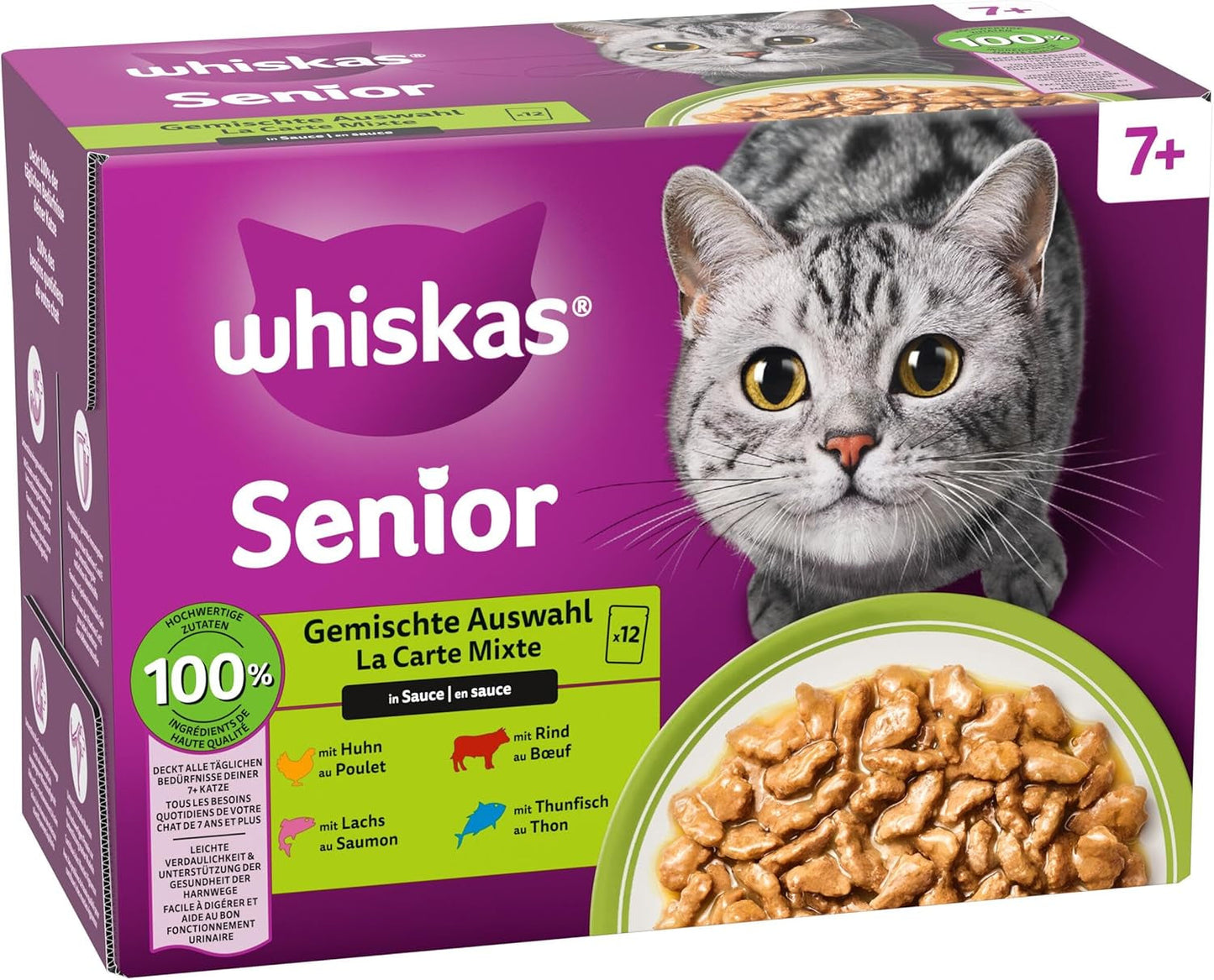 Whiskas Senior 7+ Selezione Mista di Cibo Umido in Salsa, 48 Bustine, 12x85g (Confezione da 4) - Cibo Umido di Alta Qualità per Gatti dai 7 Anni in su