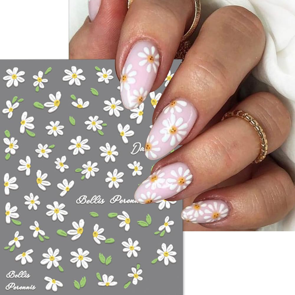 Adesivi per unghie Margherite bianche in rilievo 5D Adesivi per unghie Fiori Adesivi autoadesivi in ​​lamina di fiori Adesivi per nail art Margherite Accessori per la decorazione delle unghie Adesivi di design floreale Nail Art