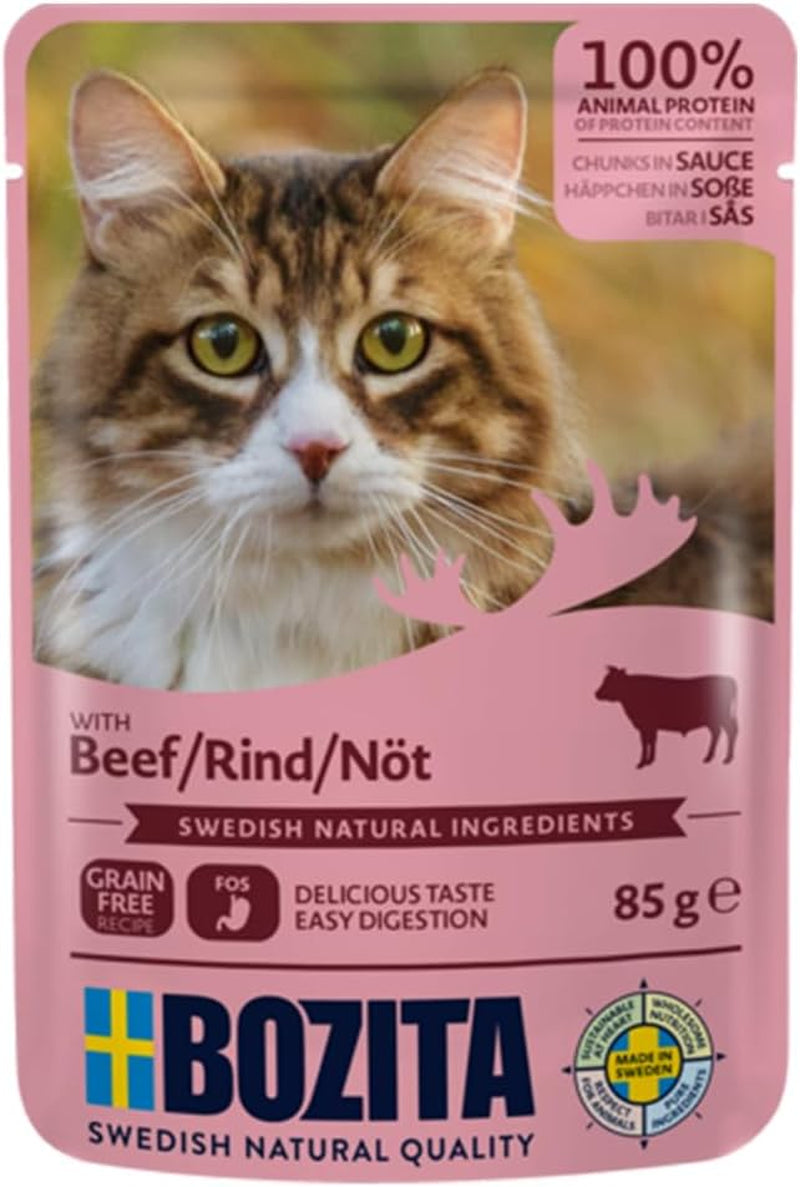 Bozita Pouch Cibo umido in pezzi in salsa di manzo - 12 buste x 85g Cibo umido per gatti senza cereali e frumento - Cibo umido per gatti adulti con 8,5% di proteine ​​e 4,5% di grassi