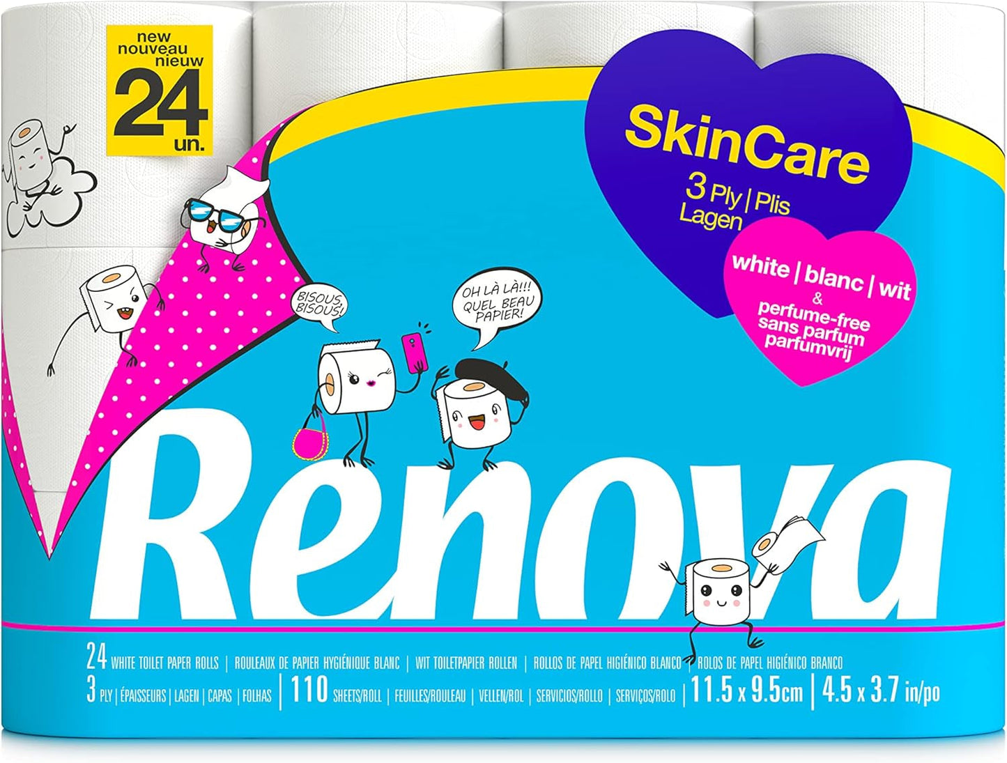 Carta igienica Renova Skincare, 3 strati, bianca, 24 rotoli