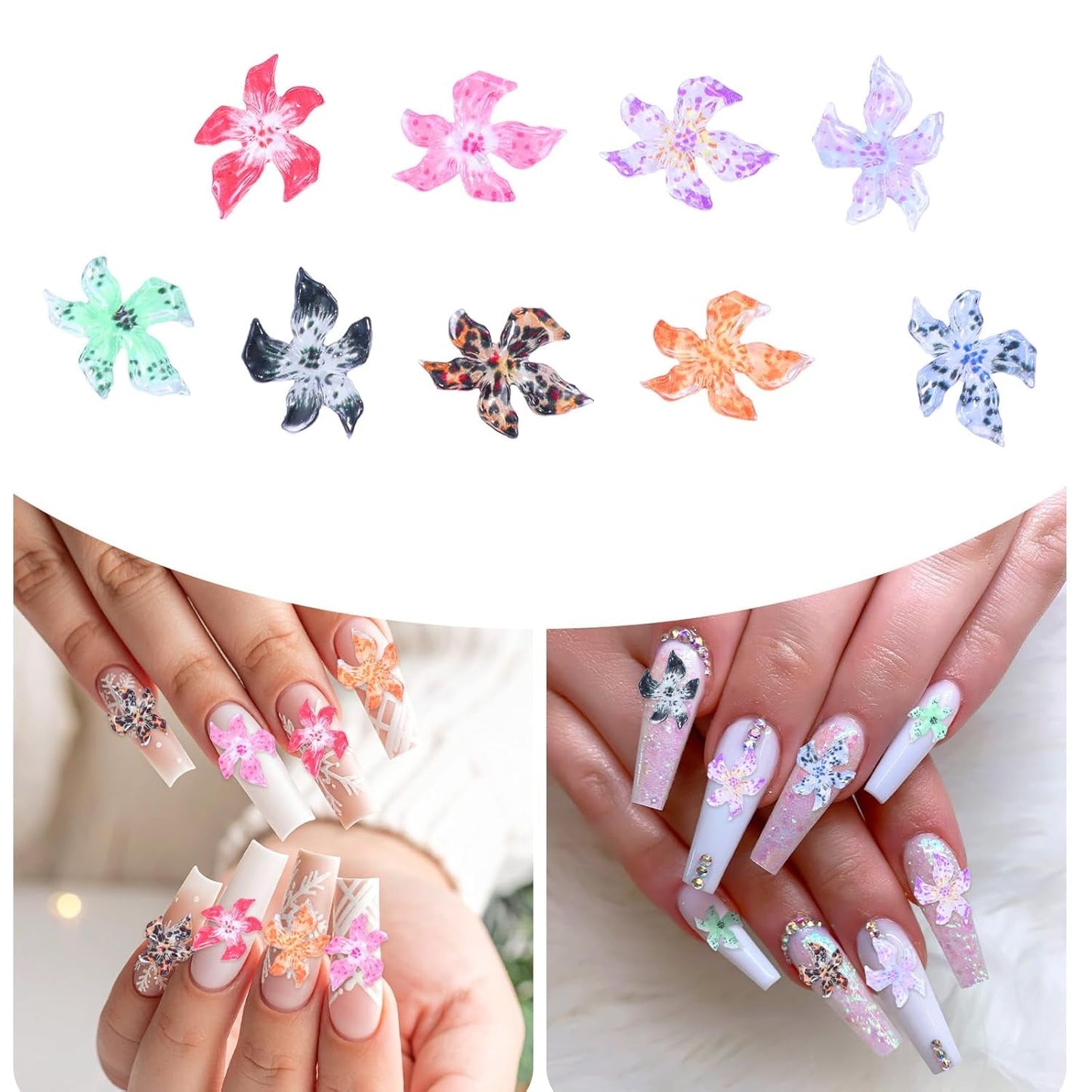 50 pz 3D Blumen Nägel Nail Charms Bunt Gelee Weich Kleber Lilie Flower Blume Nagel Hibiscus Zubehör Nageldesign Eis Kristall Geprägt Farbverlauf Lilien Für Mädchen Frauen Diy Basteldekoration