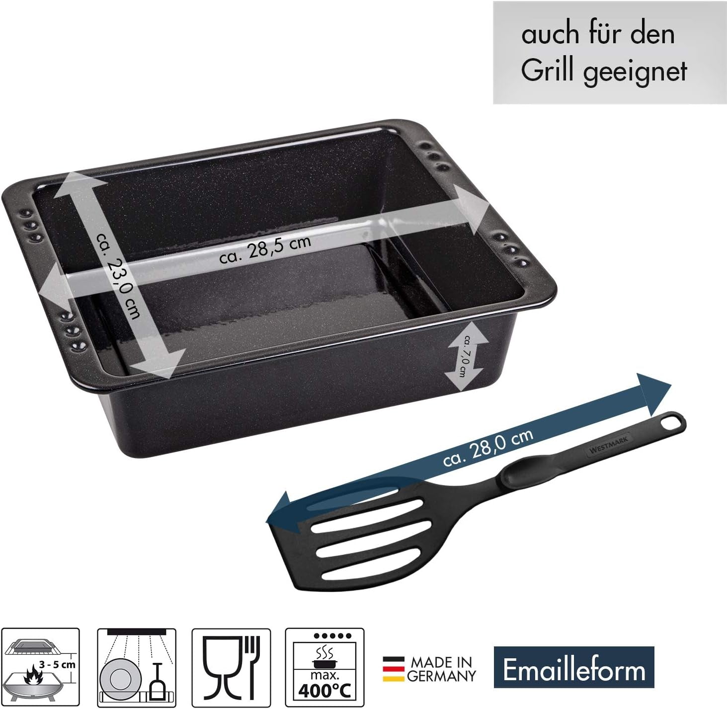 Chg SET 341-46-60 Extra Tiefe Ofenform (7.0 Cm) "Emaille" Mit Profi-Pfannenwender", Schwarz Gesprenkelt Stampi e teglie per dolci Naty Shop