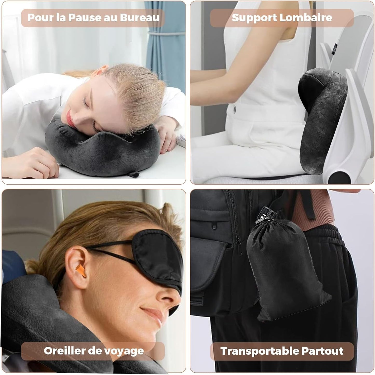 Cuscino da viaggio gonfiabile, cuscino da viaggio con maschera per dormire + tappi per le orecchie + borsa per il trasporto, super leggero e portatile, ideale per aereo, auto, casa, ufficio, cuscini da viaggio neri Naty Shop
