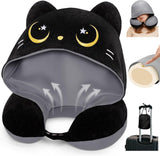 Cuscino da viaggio Mewaii, Cuscino bifacciale per adulti, Cuscino per collo in memory foam per aereo, Cuscino da volo reversibile con cappuccio per gatti, Cinghia regolabile