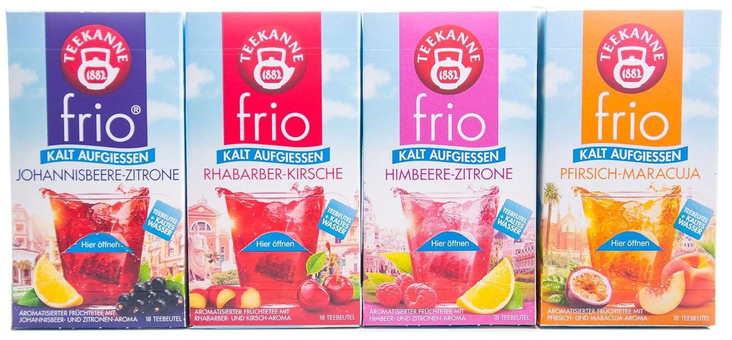 Teekanne Frio confezione da 4, ciliegia rabarbaro, ribes al limone, lampone al limone, pesca al frutto della passione (4 x 45 g)