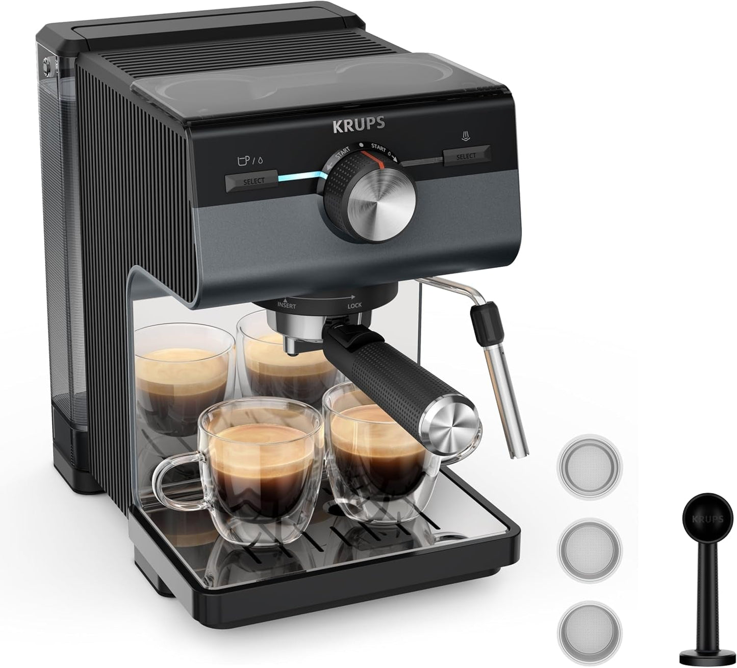 Macchina per caffè espresso KRUPS Authentic+, 15 bar, funzionamento intuitivo, design sofisticato, ugello vapore, accessori estesi inclusi, Bullet Dark silver/Stainless steel, XP384G10
