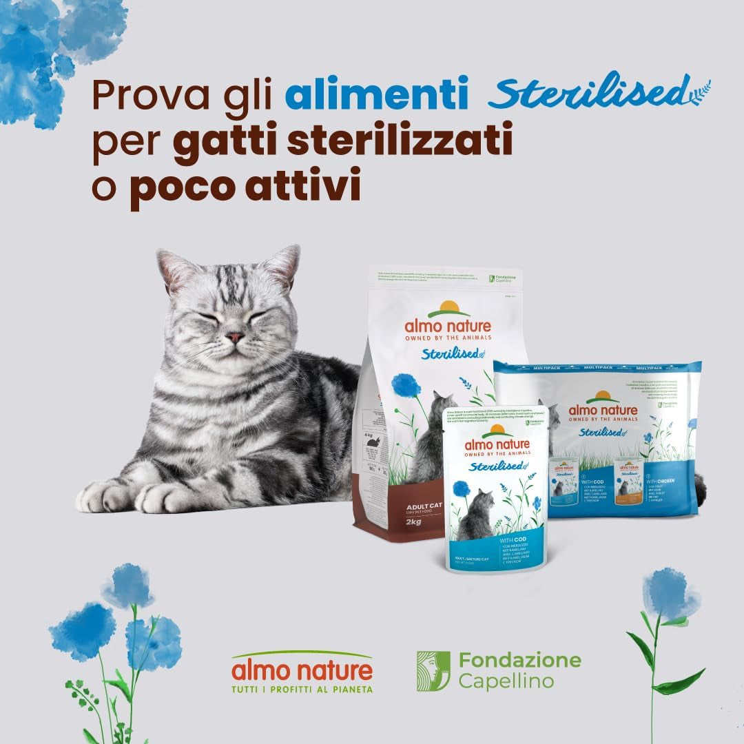 Almo Nature Functional - Sterilized - Alimento umido per gatti adulti e anziani, sterilizzati o meno attivi - con merluzzo e pollo - Basso contenuto di grassi, idratante - 70g (confezione da 6)