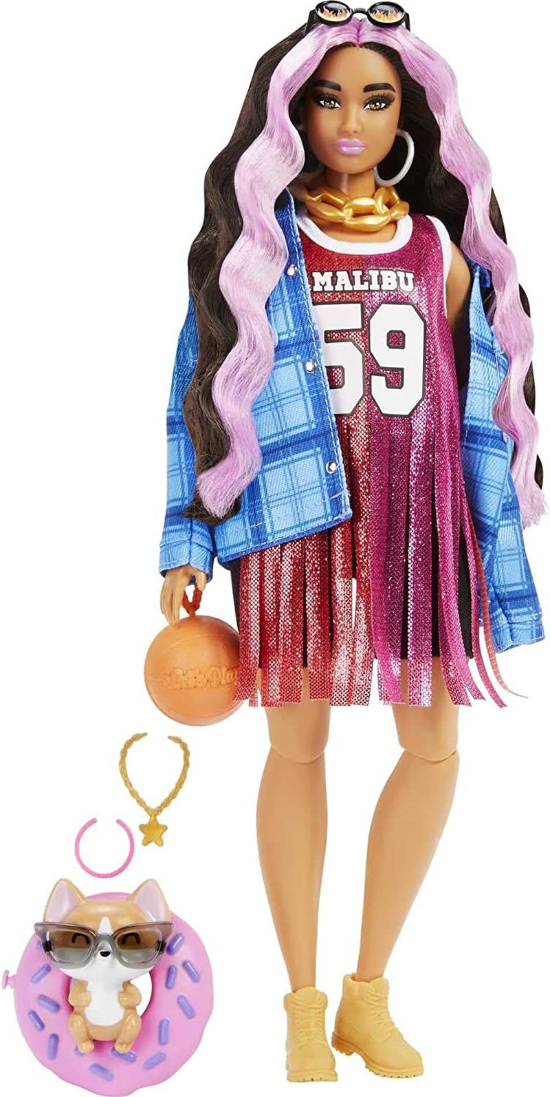 Barbie HDJ46 - Bambola Extra in Abito con Maglia da Basket e Accessori, con Animale Corgi, Capelli Ricci Extra Lunghi con Meches Rosa e Giunti Flessibili, Giocattolo Regalo per Bambole dai 3 Anni in su Naty Shop Boots