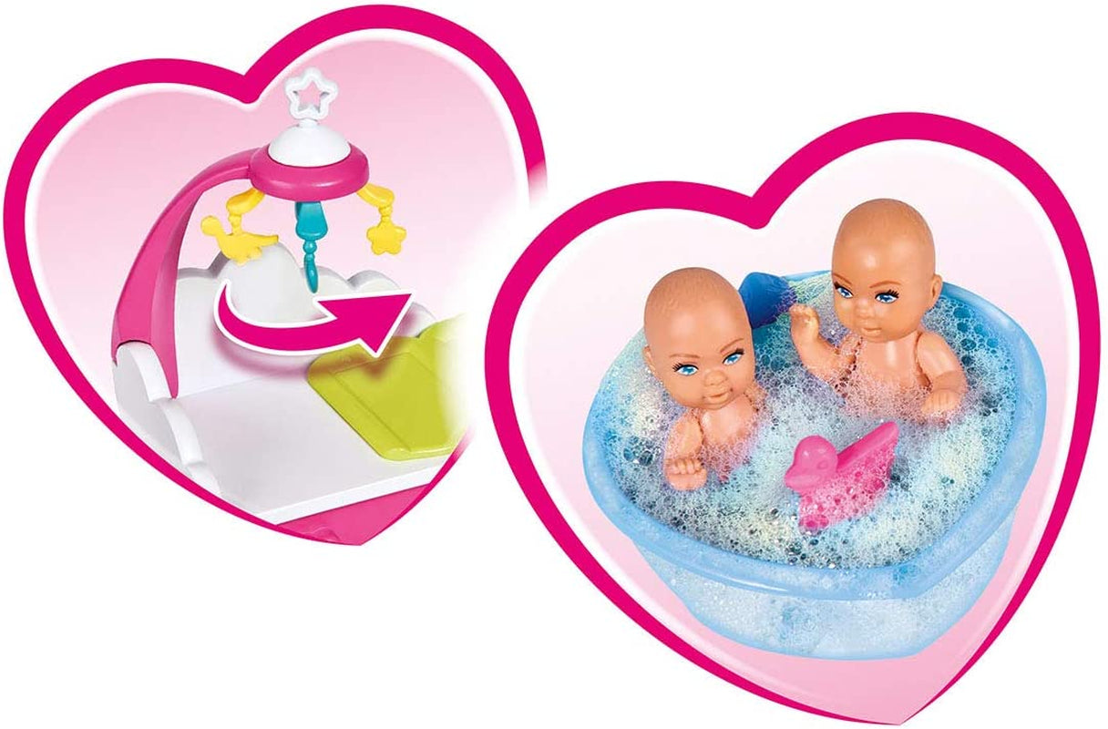 Simba 105733333 - Steffi Love Welcome Twins, bambola incinta con gemelli, fasciatoio e bagnetto, accessori, bambola alla moda, 29 cm, per bambini dai 3 anni in su