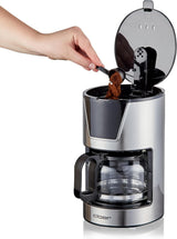 Macchina per caffè espresso con filtro Cloer da 6 tazze, funzione di mantenimento in caldo delicato, caraffa in vetro, misurino, indicatore del livello dell'acqua, sistema antigoccia, spegnimento automatico, dimensione filtro 1x2, 550 W, acciaio inossidabile