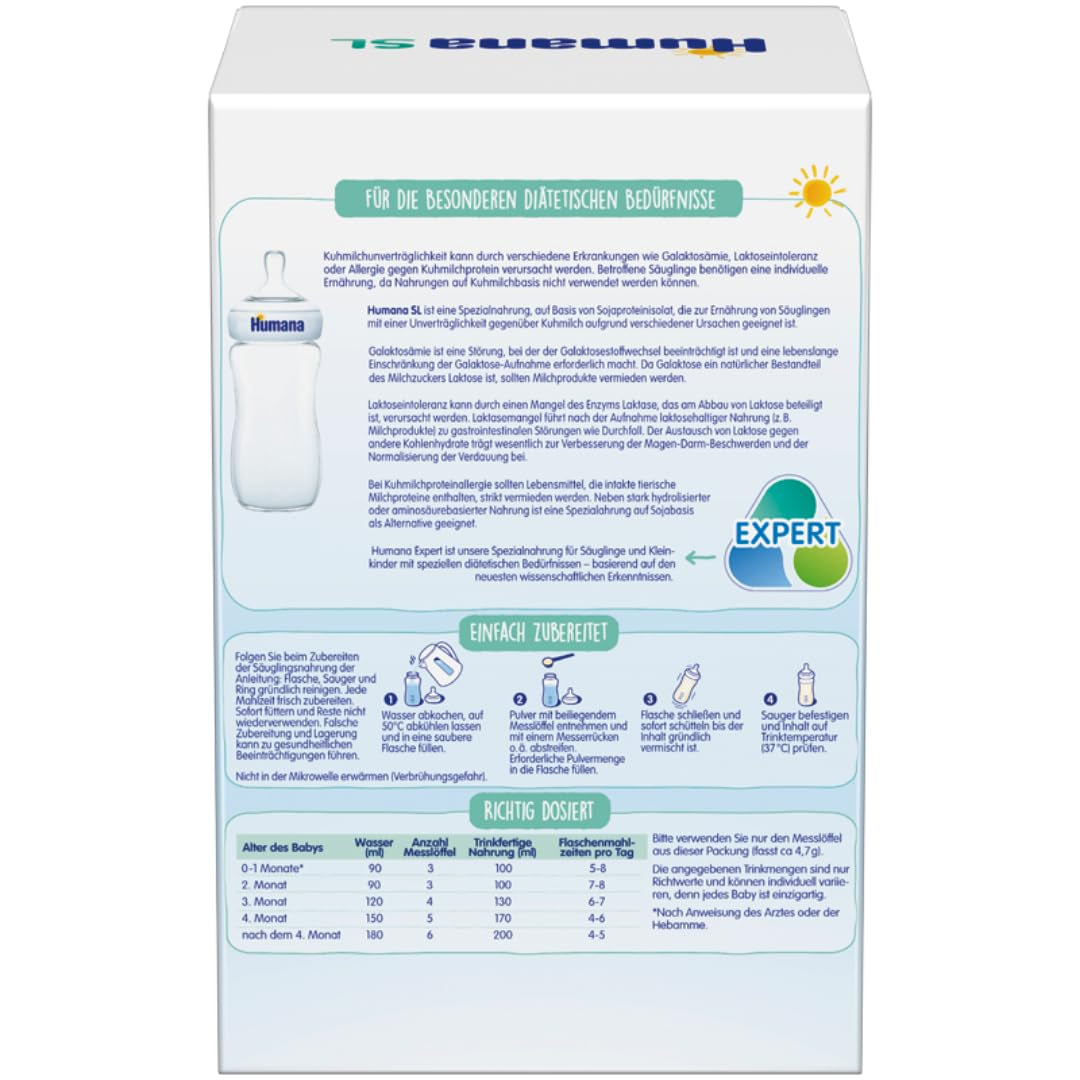 Humana SL Expert, dalla nascita, formula speciale per l'intolleranza al latte vaccino causata da intolleranza al lattosio, galattosemia o allergia alle proteine ​​del latte vaccino, per neonati e bambini piccoli, 600 g