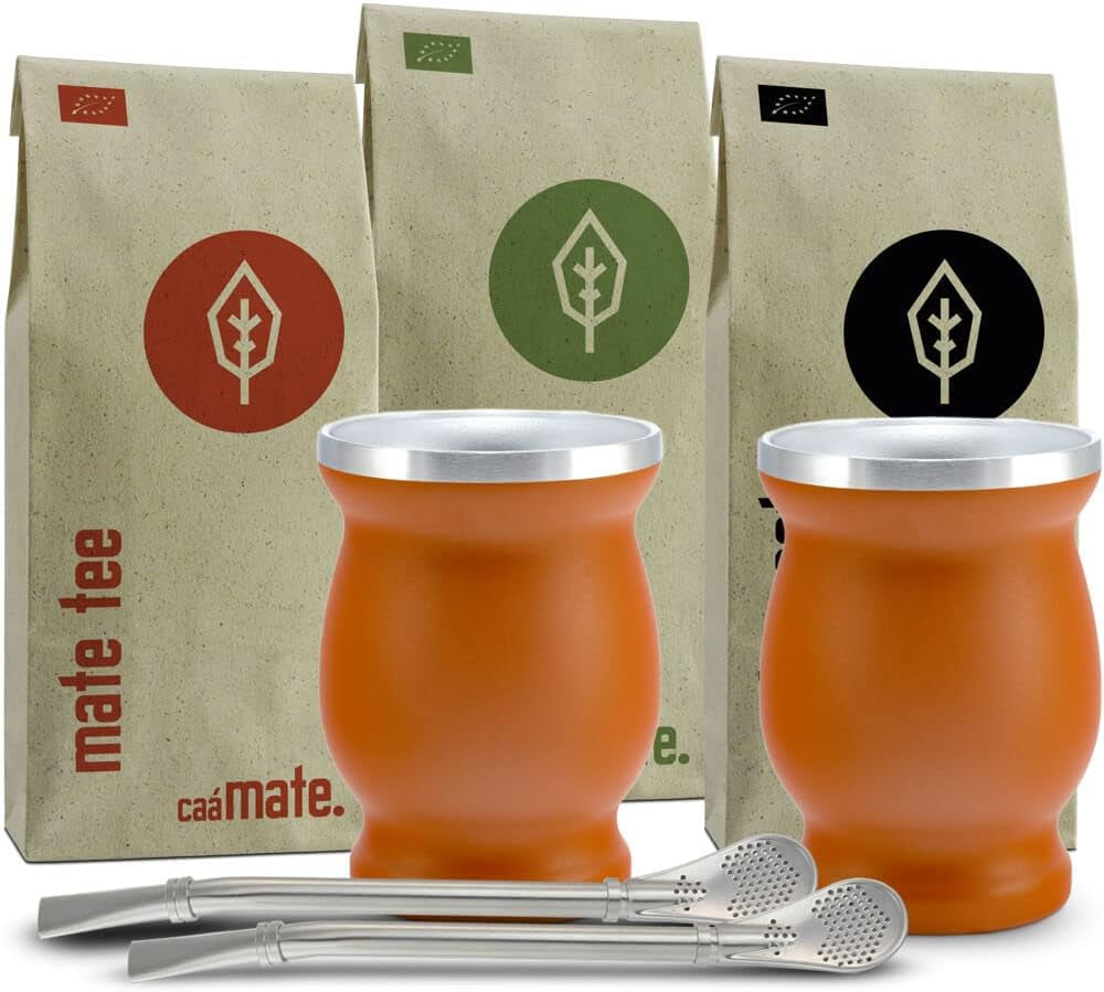 Set da tè Mate Bio ● 3 assortimenti Mate + 2 tazze Mate in acciaio inossidabile a doppia parete + 2 bombillas + istruzioni per la preparazione (nero)