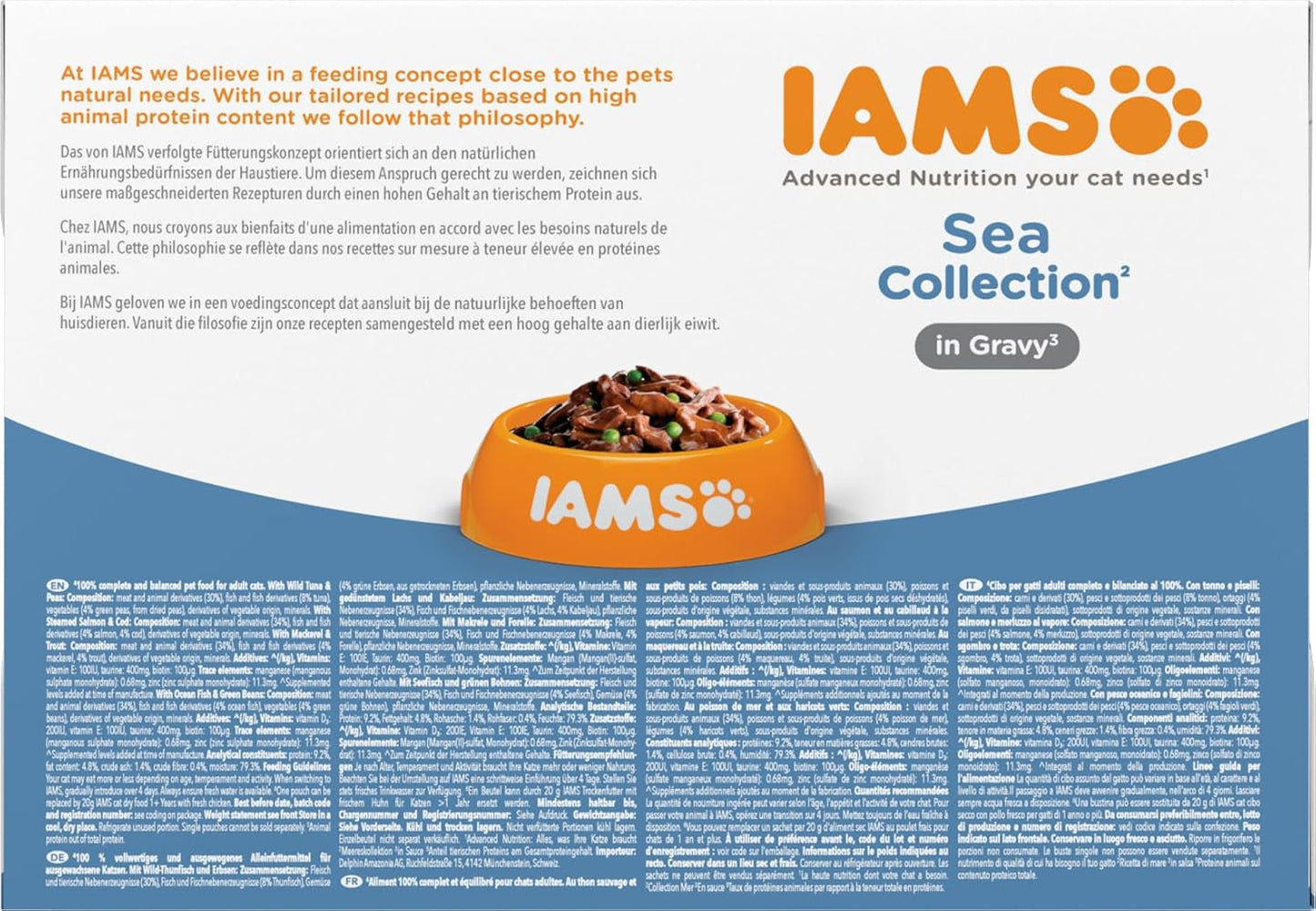IAMS Delights Sea Collection Katzenfutter Nass - Confezione multipla con varietà di pesce (Lachs, Thunfisch, Mackerel, Seefisch) in salsa, Nassfutter für Katzen da 1 anno, 12 x 85g