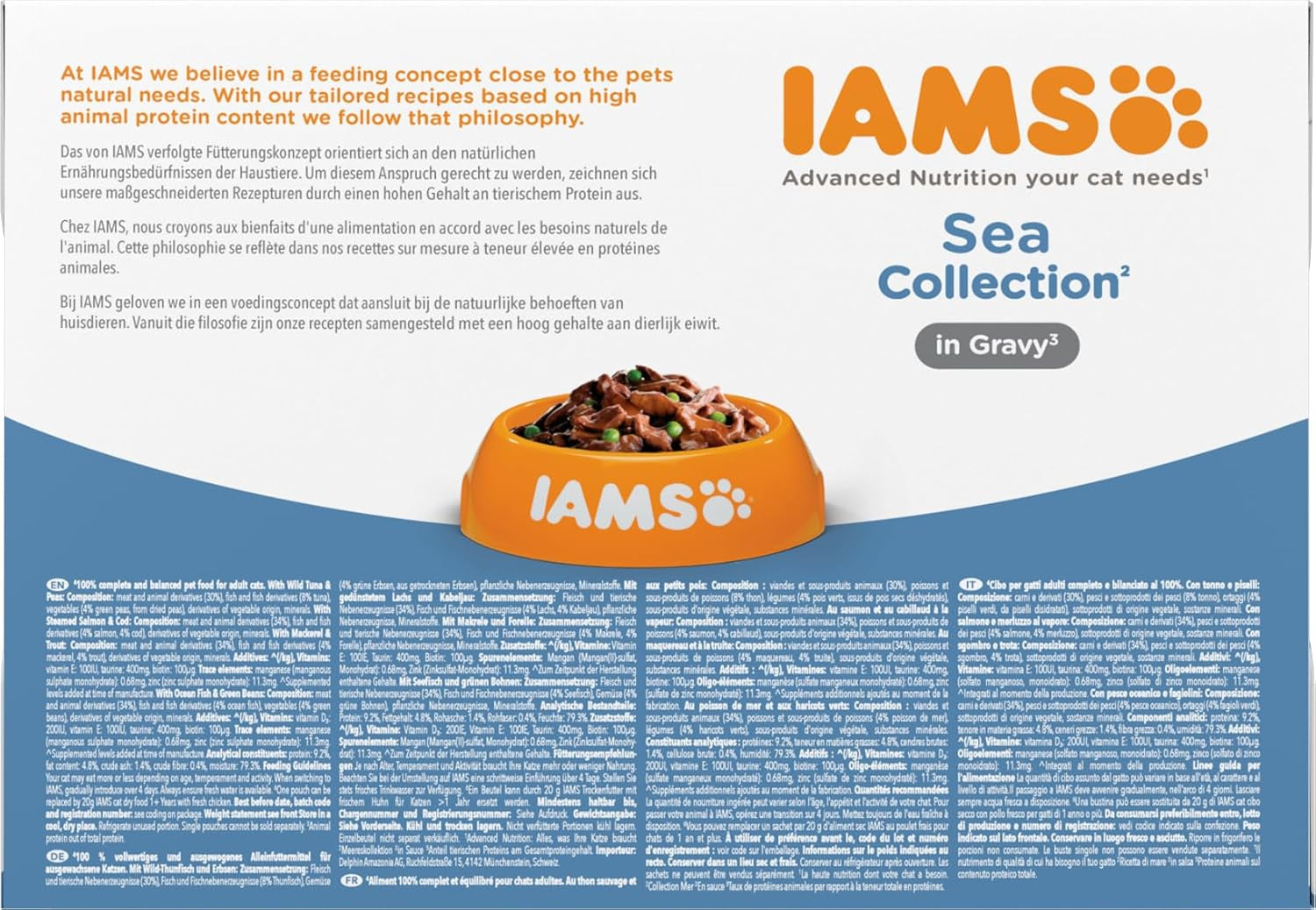 IAMS Delights Sea Collection Katzenfutter Nass - Confezione multipla con varietà di pesce (Lachs, Thunfisch, Mackerel, Seefisch) in salsa, Nassfutter für Katzen da 1 anno, 12 x 85g