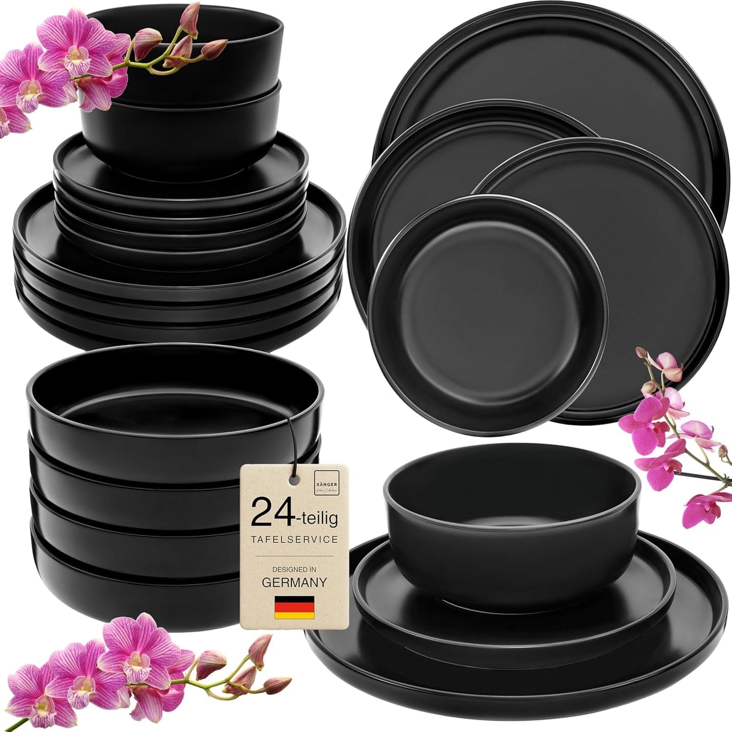 SÄNGER Madeira | Set di stoviglie combinate da 24 pezzi, set di stoviglie in gres per 6 persone, 6 piatti piani, 6 piatti da colazione, 6 piatti piani, 6 ciotole per pasta, set di stoviglie e ciotole, nero opaco | LA COLLEZIONE DI VALORE
