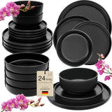 SÄNGER Madeira | Set di stoviglie combinate da 24 pezzi, set di stoviglie in gres per 6 persone, 6 piatti piani, 6 piatti da colazione, 6 piatti piani, 6 ciotole per pasta, set di stoviglie e ciotole, nero opaco | LA COLLEZIONE DI VALORE