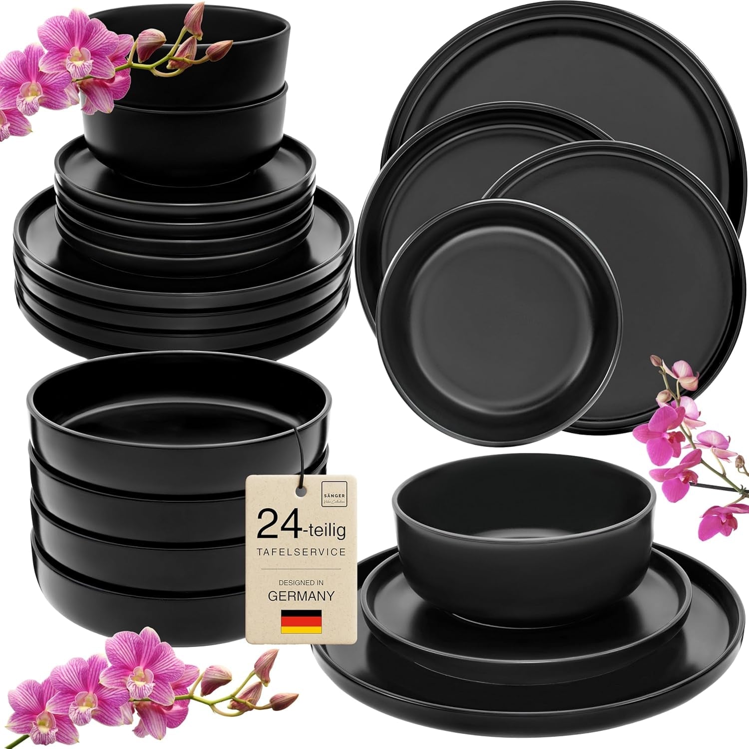 SÄNGER Madeira | Set di stoviglie combinate da 24 pezzi, set di stoviglie in gres per 6 persone, 6 piatti piani, 6 piatti da colazione, 6 piatti piani, 6 ciotole per pasta, set di stoviglie e ciotole, nero opaco | LA COLLEZIONE DI VALORE