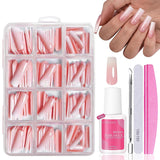 Set Unghie Finte - 240 Pezzi Unghie Finte French Colla - Unghie Finte Con Design Rosa Bianco Sfumato, Copertura Completa, Gel Morbido, Naturale e Comodo Da Indossare (Rosa Mandorla)