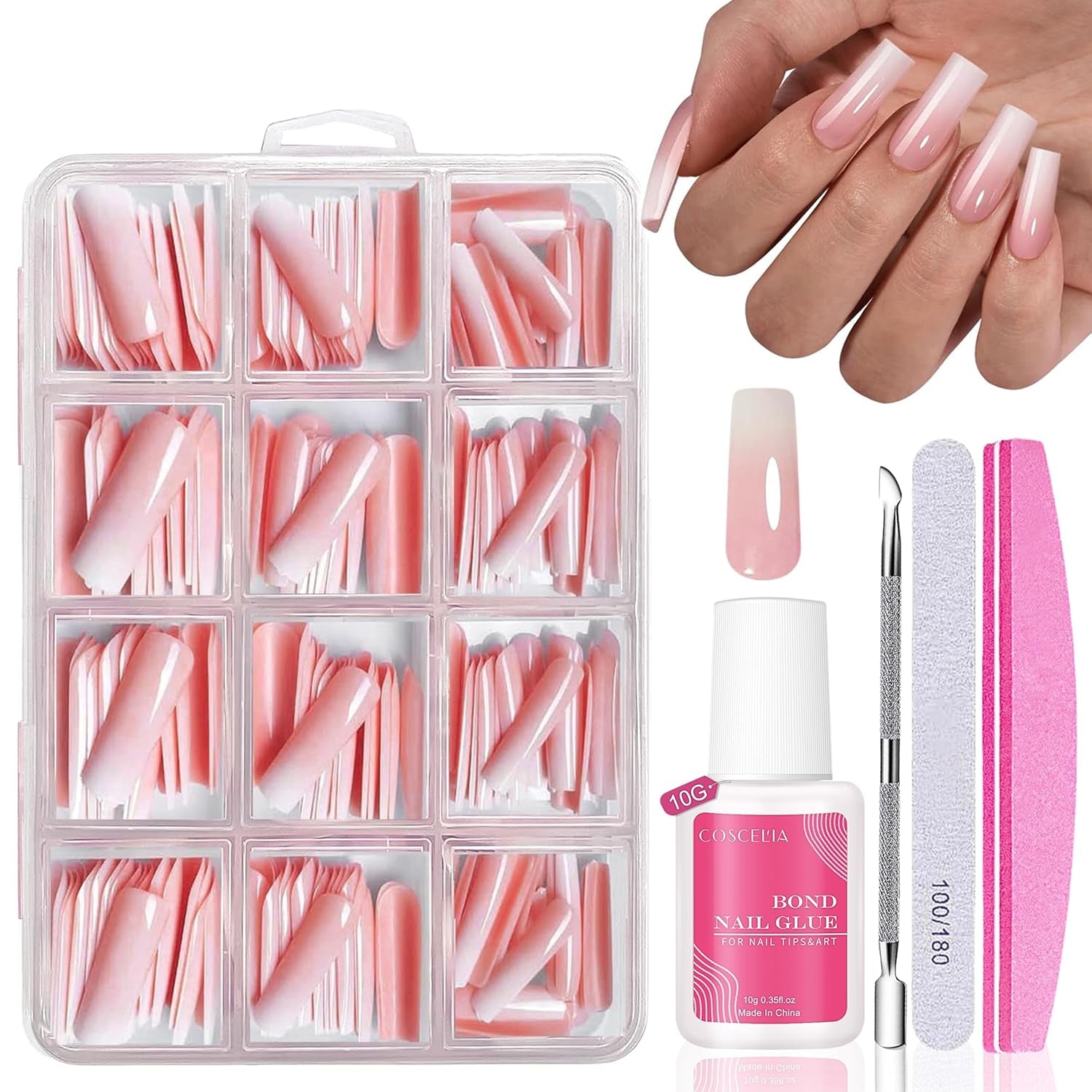 Set Unghie Finte - 240 Pezzi Unghie Finte French Colla - Unghie Finte Con Design Rosa Bianco Sfumato, Copertura Completa, Gel Morbido, Naturale e Comodo Da Indossare (Rosa Mandorla)