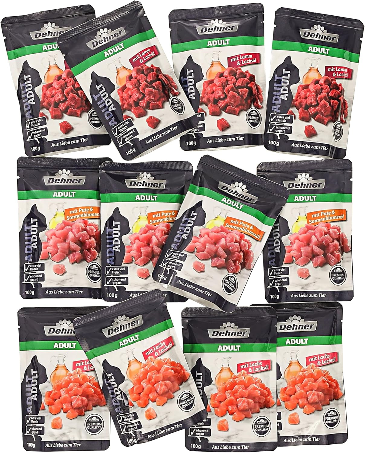 Dehner Premium Cibo umido per gatti, confezione multipla, gatti adulti, 4 pezzi ciascuno: agnello/tacchino/salmone, 12 sacchetti x 100 g (1,2 kg)
