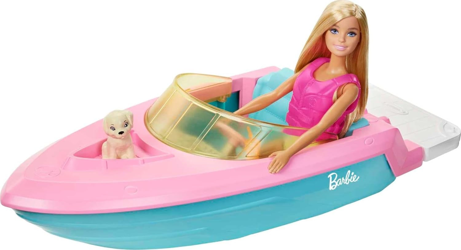 Set motoscafo Barbie, bambola Barbie con capelli biondi, giubbotto di salvataggio rosa, barca, cucciolo, accessori, regali per 3+, bambole Grg30 Naty Shop