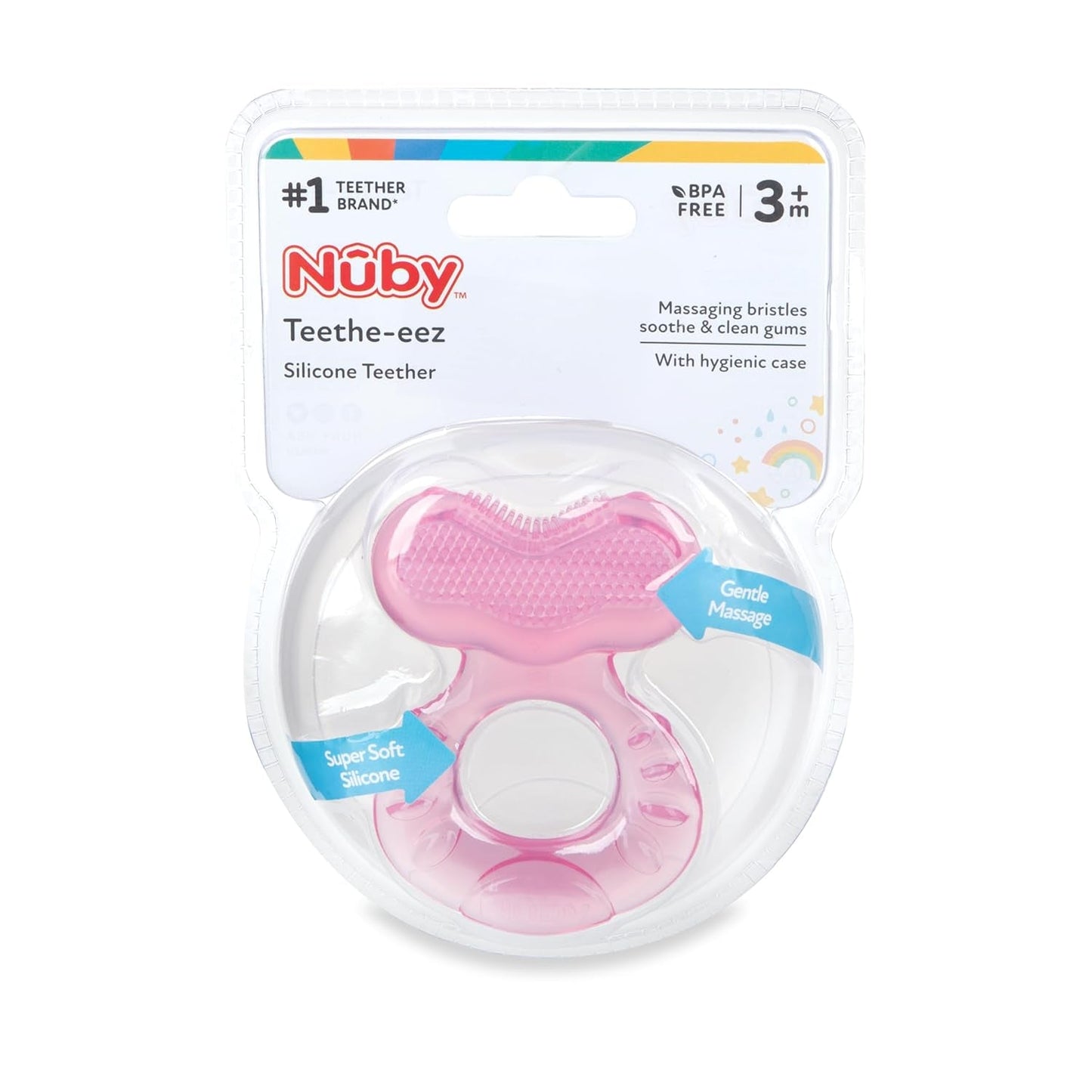 Nuby Teethe-eez Massaggiagengive in morbido silicone | Ausilio per la dentizione in silicone con superficie strutturata per massaggiare le gengive | Copertura igienica inclusa | Rosa | Da 3 mesi