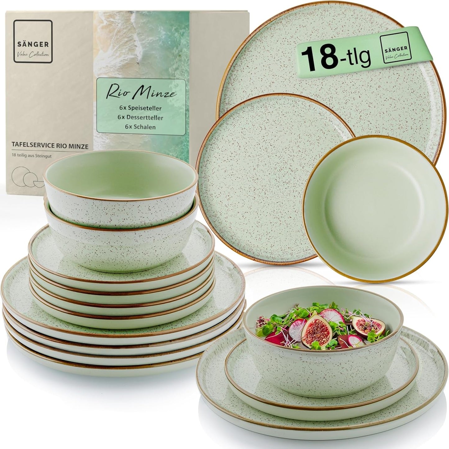 SÄNGER Rio Menta | Set di Stoviglie in Gres per 6, 6 Piatti, 6 Piatti da Dessert, 6 Ciotole, Verde Menta | LA COLLEZIONE DI VALORE