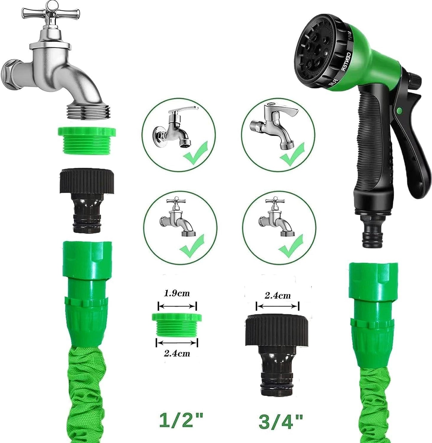 Tubo Da Giardino Magic Tubo Flessibile Estensibile con Raccordi da 1,9 cm 1,27 cm Ugello Spruzzatore a 8 Funzioni Blu o Verde 15 m
