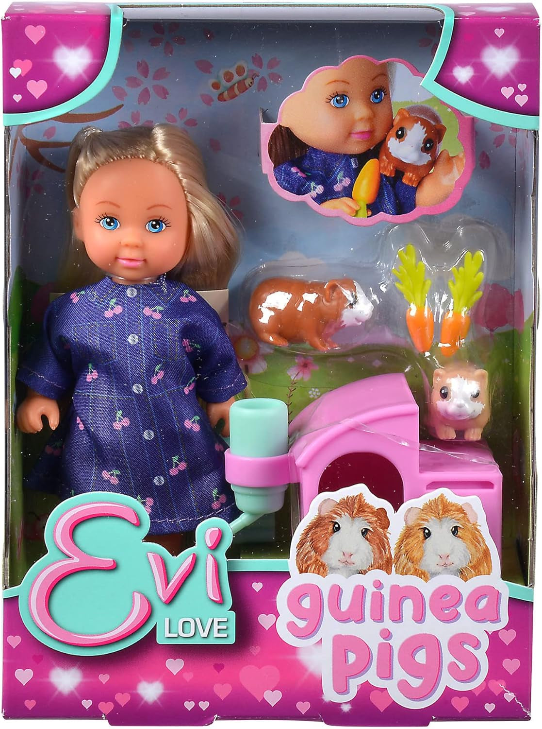 Simba Evi Love Guinea Pigs Bambola da gioco con due porcellini d'India e casa, bottiglia d'acqua e carote, 12 cm, dai 3 anni in su