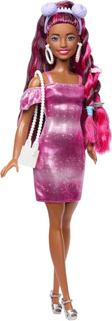 Barbie Doll Capelli divertenti ed eleganti con capelli neri colorati extra lunghi e vestito rosa scintillante 10 acconciature e accessori moda JDC86
