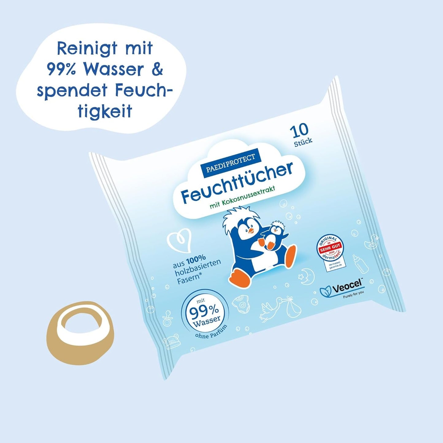 Salviette umide PAEDIPROTECT 1 x 10 pezzi, salviette umide per bambini sensibili con acqua al 99% d'acqua, senza profumo, per pelle delicata di neonati e bambini, con estratto di cocco, senza microplastiche, vegane (confezione da 5)