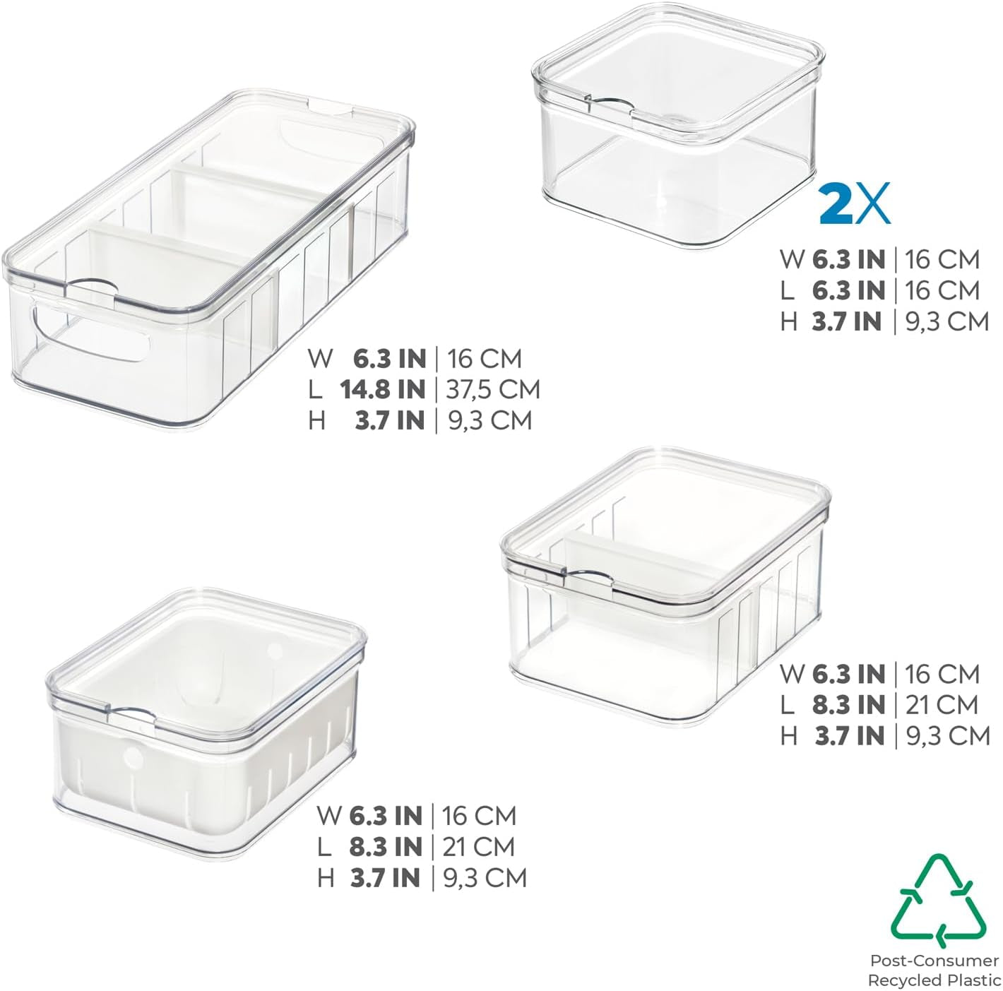 iDesign Scatole portaoggetti, Organizer per frigorifero con coperchio in set da 5, Scatole portaoggetti in plastica riciclata per organizzare i materiali di consumo, Scatole portaoggetti Naty Shop trasparenti e bianche