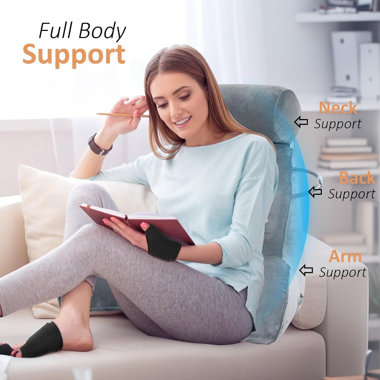 Cuscino da lettura XL per letto e divano con paranuca staccabile, cuscino per la schiena ideale per adulti con memory foam per leggere, lavorare, giocare, guardare la TV, rilassarsi (Grigio)