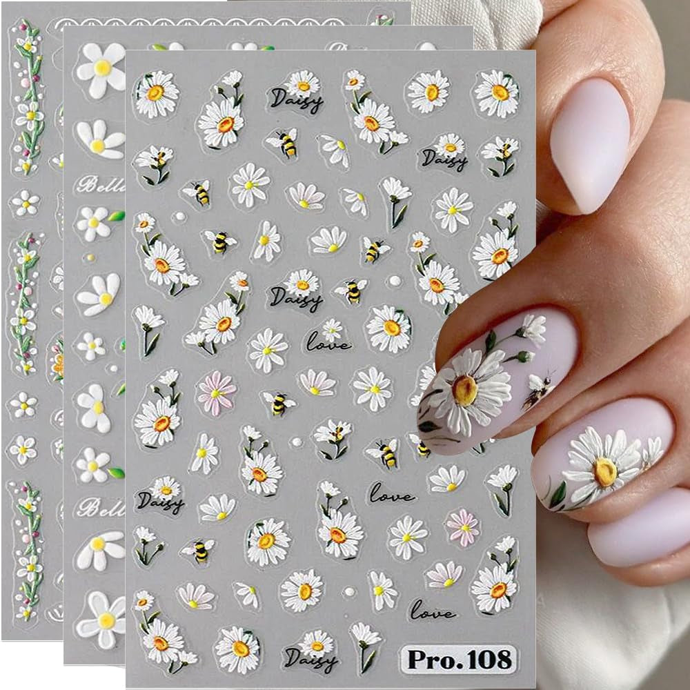 5 pezzi Geprägte Gänseblümchen Nagelsticker Selbstklebend Blumen Nagelaufkleber Gänseblümchen Schmetterling Nagel Sticker Nageldesign Aufkleber Nägel Zubehör Blume Nail Sticker Flower Nail Art Stickers