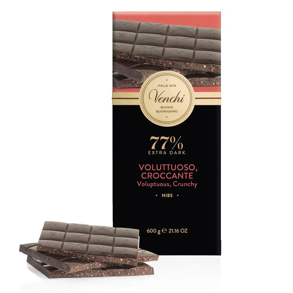 Venchi - Barretta Maxi 77% Pennini, con cioccolato extra fondente, granella di fave di cacao, 600 g, senza glutine, senza coloranti e senza conservanti