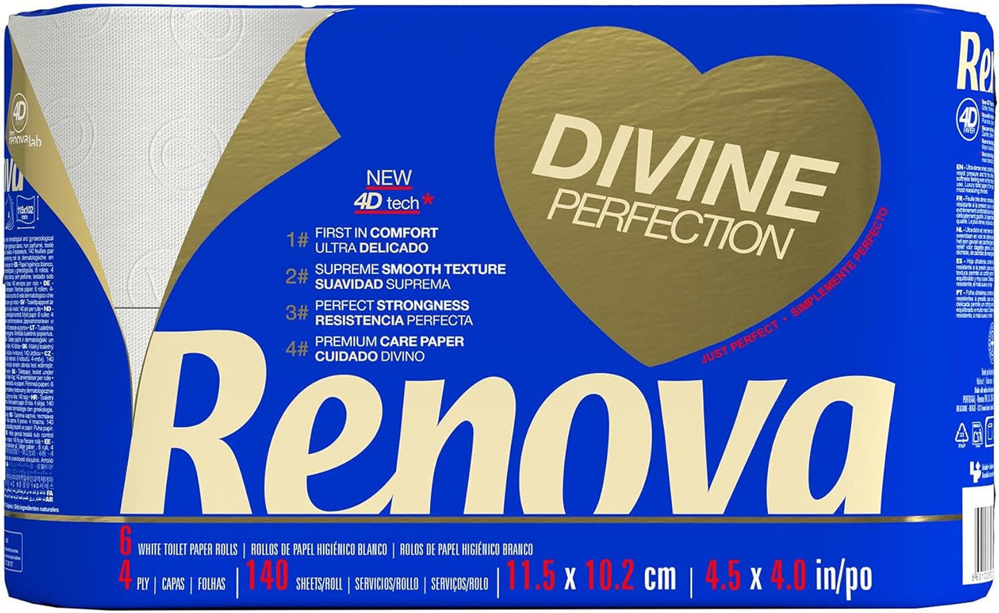 Carta igienica Renova Renova Divine Perfection, 42 rotoli, carta igienica Premium, 4 veli, ultra morbida, extra resistente, spessa, morbida e assorbente, carta certificata FSC, 4400G