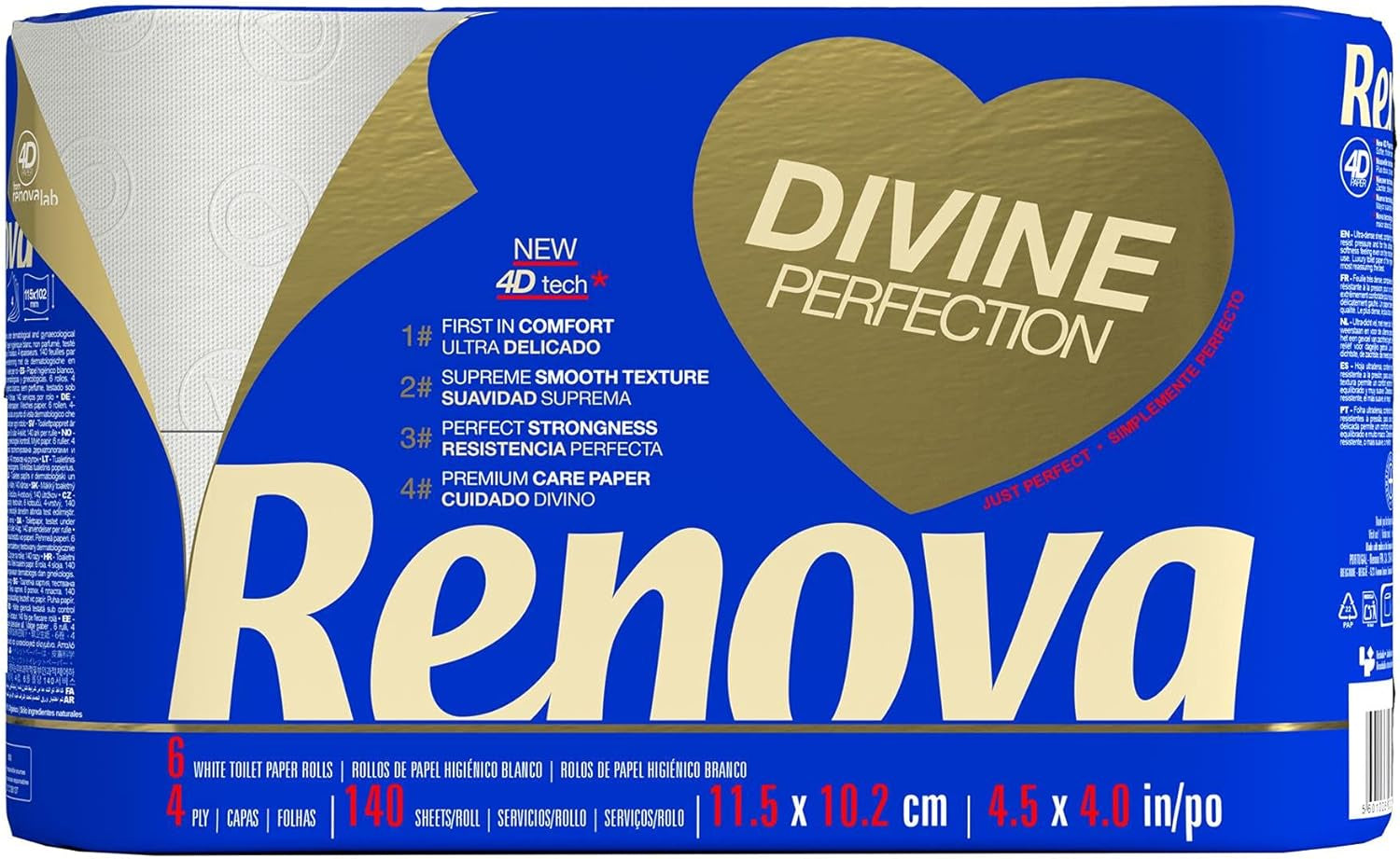 Carta igienica Renova Renova Divine Perfection, 42 rotoli, carta igienica Premium, 4 veli, ultra morbida, extra resistente, spessa, morbida e assorbente, carta certificata FSC, 4400G