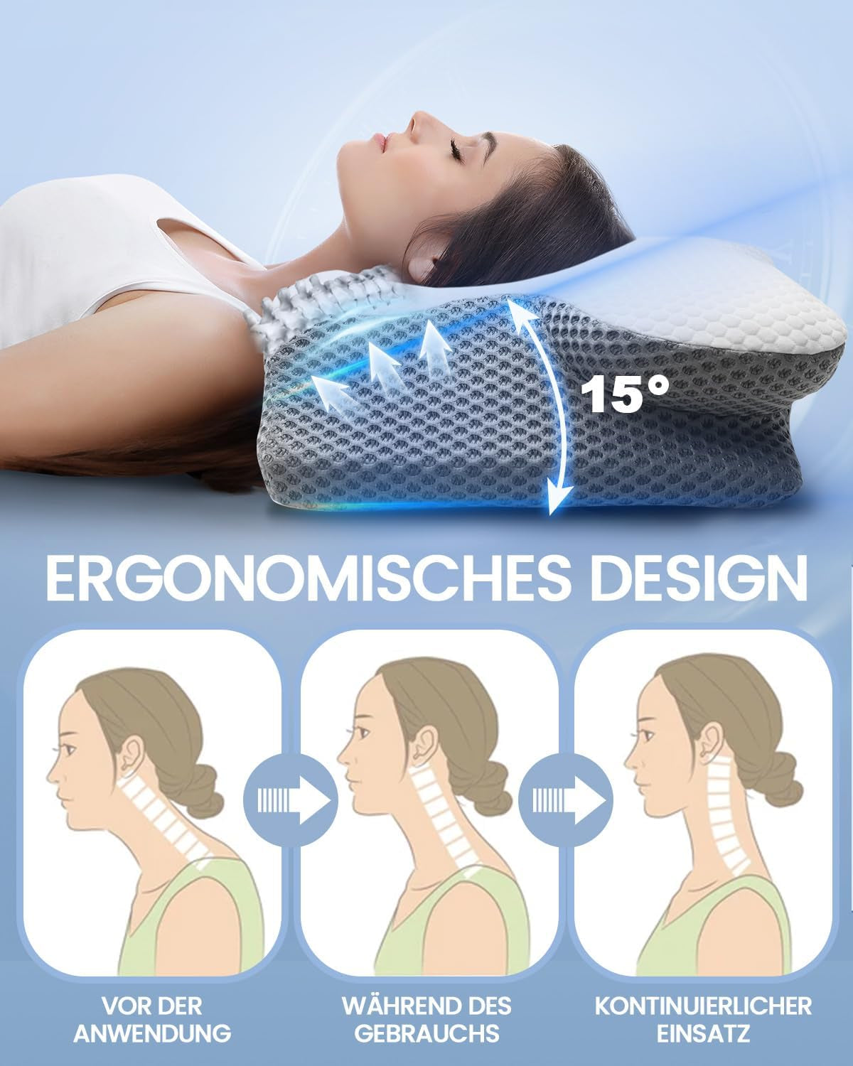 Cuscino per il collo 2 in 1 Cuscino in memory foam Cuscino ortopedico ergonomico Cuscino di supporto per collo a 2 altezze per dormire per supporto laterale/schiena/pancia Cuscini ortopedici cervicali Naty Shop